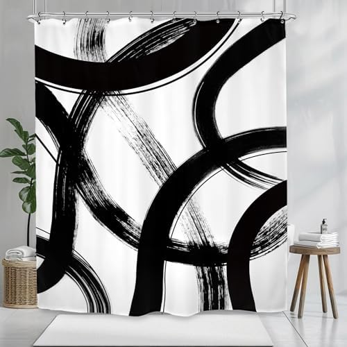 Abstract Modern Shower Curtain 60Wx72L Inch Black White Minimalist Contemporary Art Line Neutral Simple Bathroom Set Accessories Decor with 12 Pack Hooks