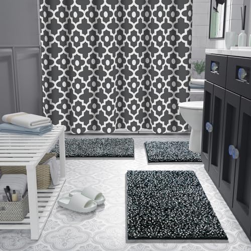 Yimobra Luxury Chenille U-Shaped Toilet Rug, Super Soft Shaggy Contour Bath Mat for Bathroom Floor, Fluffy, Water Absorbent, Non Slip, Machine Washable, Dry Quickly, 24''x 20'', Black & Dark Grey