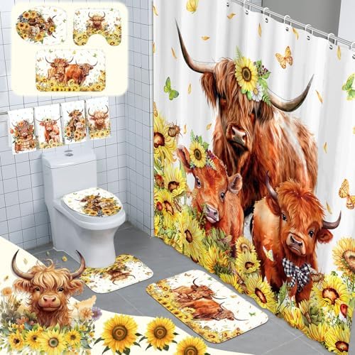 FuWeave 8 Pcs Highland Cow Shower Curtain Set, Sunflower Bathroom Set