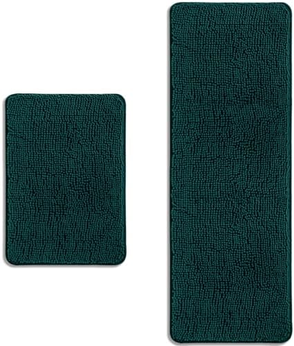 Bathroom Rugs Sets 2 Piece – Absorbent and Washable Bath Mat, Non-Slip, Thick Soft Chenille Bath Rugs for Bathroom Floor, Shower, Sink(17" x 24"+17" x 47", Dark Teal)