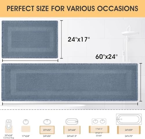 Upgrade Waffle Bath Mat Set 2 Piece, Boho Bathroom Rugs Absorbent Non Slip, Ultra Soft Bathroom Mat, Machine Washable Knit Bath Rugs with Tassels for Bathroom, Bedroom, Kitchen, Shower, Tub, Blue