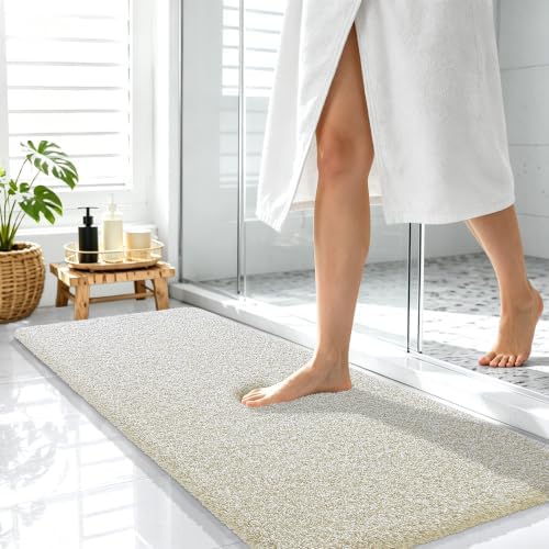 OLANLY Microfiber Bathroom Rugs 47x17, Quick Dry Bath Mat, Sand and White