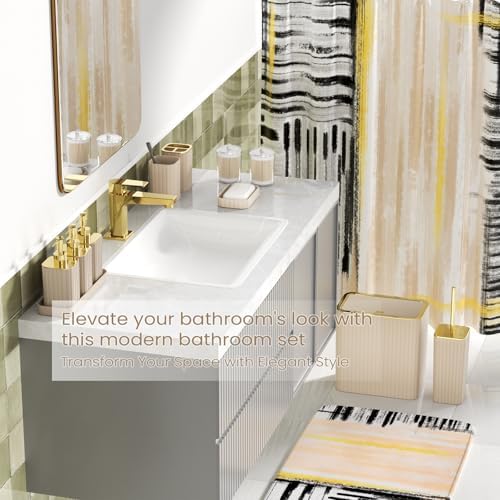 Bathroom Set - Bathroom Accessory Set, Beige Bathroom Set, 26PC Bathroom Sets with Shower Curtain and Rugs, Toilet Brush, Trash Can, Qtip Holder & Bathroom Soap Dispenser Set