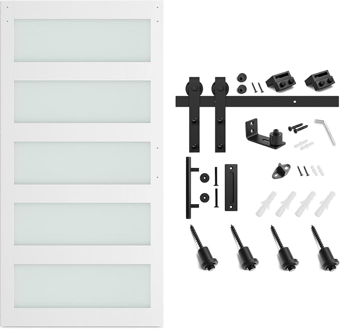 SMARTSTANDARD 42 x 84 in Glass Barn Door with 7FT Sliding Hardware Kit | Pre-Drilled Ready to Assemble, Waterproof PVC Coating, White, 5-Panel Glass