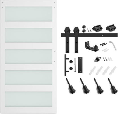 SMARTSTANDARD 42 x 84 in Glass Barn Door with 7FT Sliding Hardware Kit | Pre-Drilled Ready to Assemble, Waterproof PVC Coating, White, 5-Panel Glass
