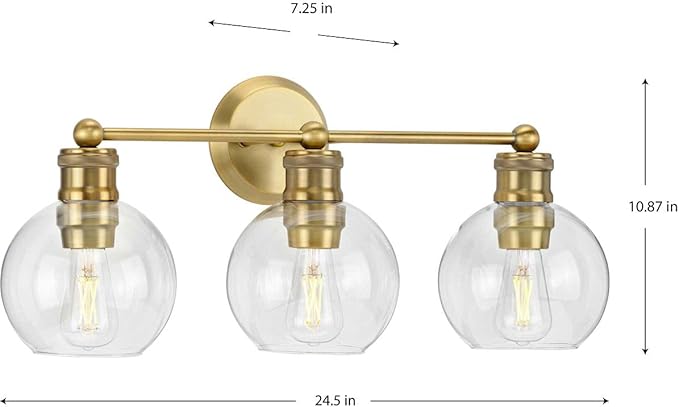Hansford Collection 3-Light Clear Glass Farmhouse Bath Vanity Light Vintage Brass