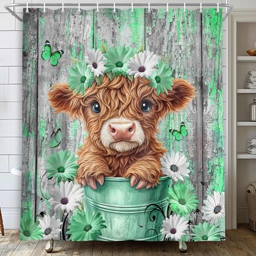 Cow Shower Curtain, Farmhouse Rustic Floral Funny Highland Cow Shower Curtains for Bathroom, Western Cute Daisy Flowers and Butterfly on Country Wooden Farm Animal Bathroom Decor with Hooks 47X64in