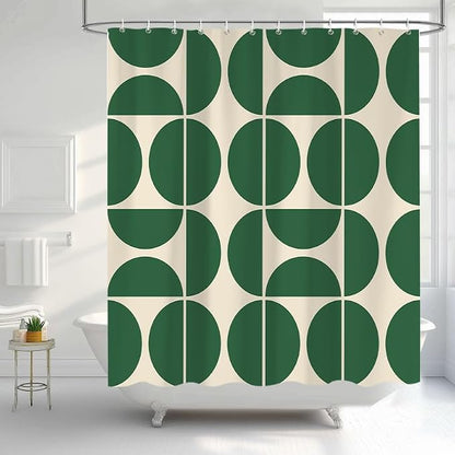 Green Mid Century Modern Shower Curtain, Boho Abstract Geometric Retro Art Bath Curtains for Bathroom, Colorful Unique Pattern Waterproof Polyester Fabric Bathroom Set 12 Hooks 72X78IN