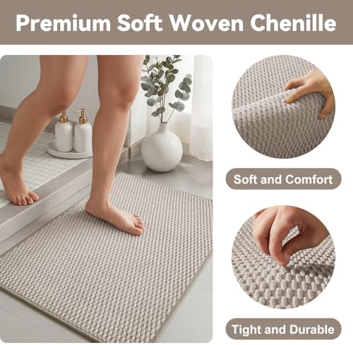 Triohero Bathroom Rugs Non Slip Washable, Super Absorbent Thin Bath Mat Quick Dry Low Pile Bathroom Rug, Beige 24"x36"