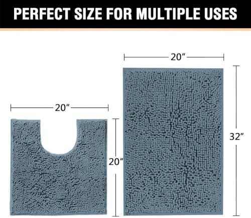 H.VERSAILTEX Bathroom Rugs Luxury Chenille Mat Set, Soft Plush Shower Rug + Toilet Mat, Microfiber Shaggy Carpet, Super Absorbent, Machine Washable (Curved Set, 32" x 20"/20" x 20", Stone Blue)