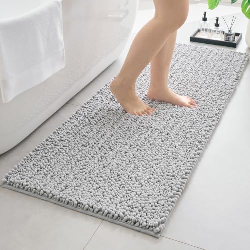 Bathroom Rugs Non Slip Washable 44x24, Extra Thick Soft Chenille Absorbent Bath Mat, High Density Barrier Non Slip Backing, Quick Dry Plush Shaggy Floor Carpet for Tub&Shower, Silver