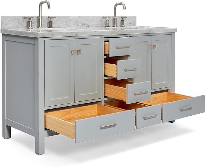 ARIEL Cambridge 60-inch Bathroom Vanity with Sink,Solid Wood, 1.5-inch Italian Carrara Marble Countertop, Double Rectangular Porcelain Sink, 4 Soft Closing Doors, 6 Dovetail Drawers, Grey