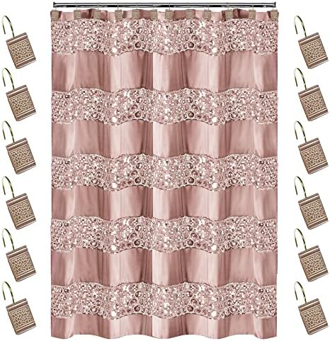 Zahari Home 13pc Sinatra Bathroom Shower Curtain Set - Blush Luxury Fabric With 12 Hooks - Unique Design Bling