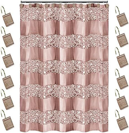 Zahari Home 13pc Sinatra Bathroom Shower Curtain Set - Blush Luxury Fabric With 12 Hooks - Unique Design Bling