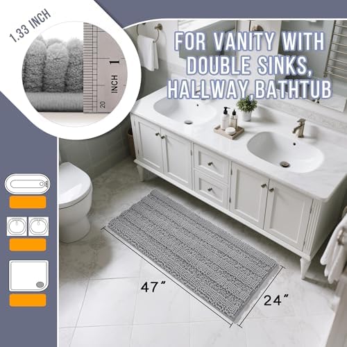 Yimobra Bathroom Rug Mat 47 x 24, Non Slip and Super Absorbent Bath Mat,Machine Washable Quick Dry,Ultra Plush Chenille Shower Rugs for Bathroom Floor Sink Tub and Shower Outside,Gray