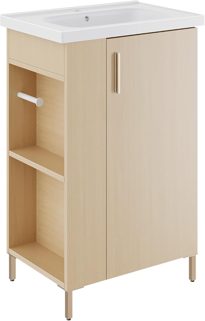 20 Inch Oak Pre-Assembled Freestanding Small Bathroom Vanity with Sink, Soft-Close Door, Left Side Storage, Space-Saving Design, No Faucet, BV05-20-oak-plus