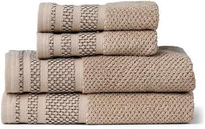 Texere 100% Organic Cotton Rice Weave Jacquard 700 GSM Luxury Bath Towel Sets - Ultra Soft and Absorbent Hotel and Spa Quality (Rice Weave, Oxford Tan, 2 Hand & 2 Face Towels)