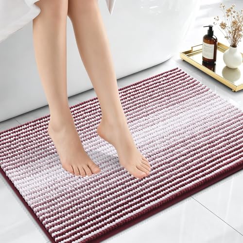 OLANLY Small Bathroom Rugs 24x16, Soft Chenille Striped Bath Rugs, Burgundy