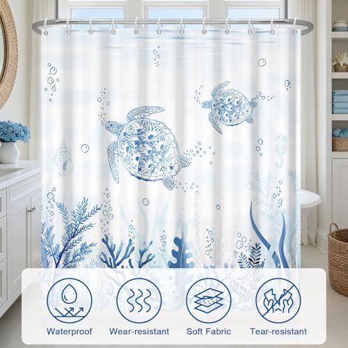 Blue Sea Turtle Shower Curtain with Hooks, Summer Ocean Waterproof Shower Curtains with Weighted Hem and Metal Grommets, Machine Washable Coastal Shower Curtain for Bathroom Decor, 72x72 Inches