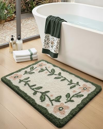 DEXI Boho Floral Bathroom Rugs 32x20, Green Leaf Bath Mat Non Slip Washable