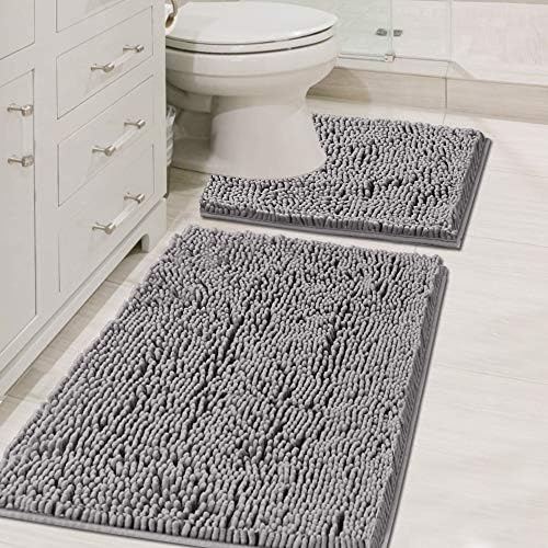 H.VERSAILTEX Original Luxury Chenille Bathroom Rug Mat (32" x 20"/20" x 20"), Extra Soft & Absorbent Shaggy Rugs, Machine Wash/Dry, Perfect Plush Carpet Mats for Tub (Curved Set, Gray)