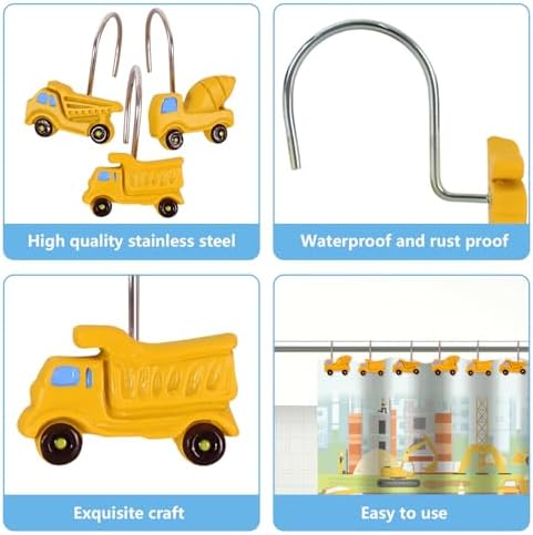 12-Piece Truck Construction Tractor Shower Curtain Hooks for Bathroom