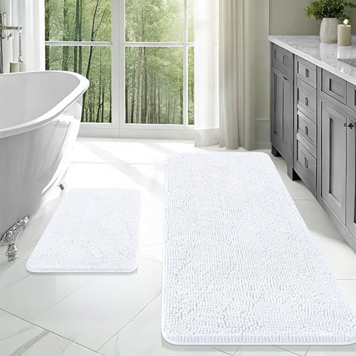 OLANLY Chenille Bathroom Rugs Mats Sets 2 Piece, 47"x20"+24"x16", White