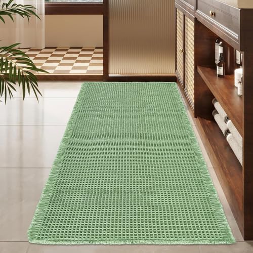 ZALL Sage Green Waffle Bath Mat,Super Absorbent Non Slip Bathroom Rug, 24x48inch, Machine Washable Ultra Soft Floor Mats