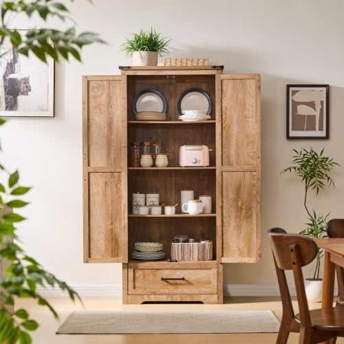 JXQTLINGMU Farmhouse Kitchen Pantry Cabinet - 72" Tall Wood Kitchen Storage Cabinets with Adjustable Shelves & 2 Barn Doors & Drawer, Versatile Storage for Dining Room, Bathroom, Light Walnut
