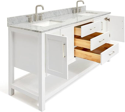 ARIEL Magnolia 72-inch Bathroom Vanity with Sink,Solid Wood, 0.75-inch Italian Carrara Marble Countertop, Double Rectangular Porcelain Sink, 4 Soft Closing Doors, 3 Dovetail Drawers, White