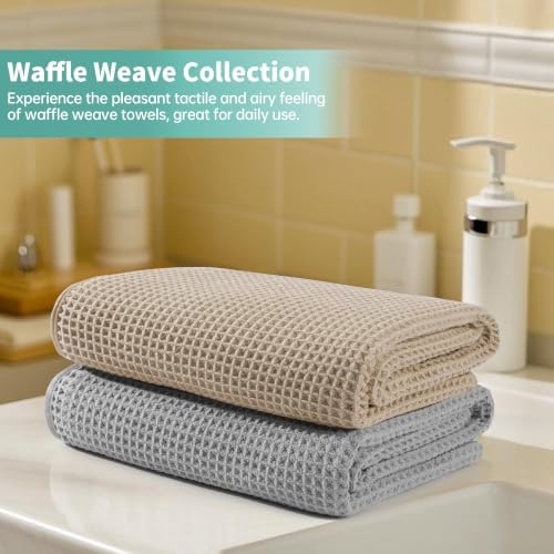 Microfiber Waffle Bath Towels, 4 Pieces, Soft, Absorbent, Fast Drying, Lint Free 430 GSM (27''x55''/68.58 cm x139.7 cm) (Beige+Silver)