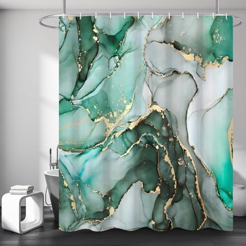 Green Marble Shower Curtain, Modern Abstract Luxury Green Gold Ink Texture Watercolor Art Bathroom Curtains Ombre Machine Washable Waterproof Fabric Bathtub Curtain Set with Hooks 36" Wx72 L