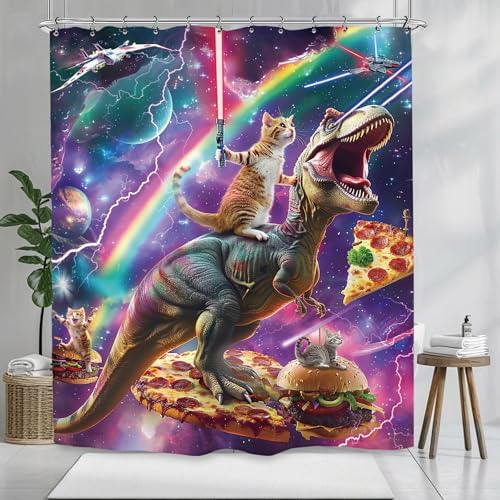 Funny Dinosaur Cat Shower Curtain 60Wx72L Inch Cool Kids Boys Galaxy Space Universe Hilarious Animal Bathroom Set Accessories Decor with 12 Pack Hooks