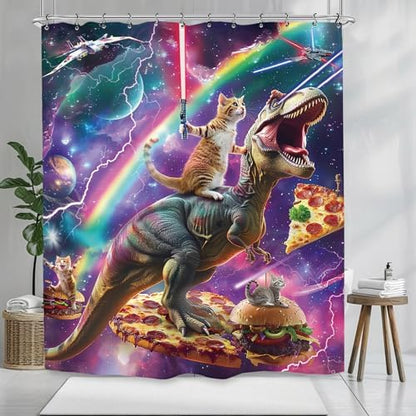 Funny Dinosaur Cat Shower Curtain 60Wx72L Inch Cool Kids Boys Galaxy Space Universe Hilarious Animal Bathroom Set Accessories Decor with 12 Pack Hooks