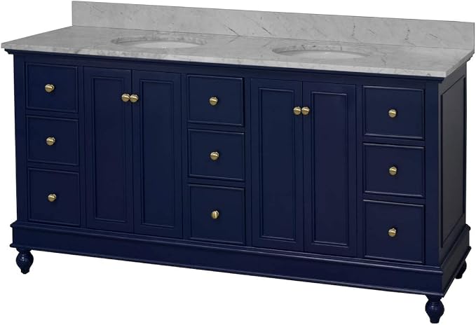 Bella 72-inch Double Bathroom Vanity (Carrara/Royal Blue): Includes Royal Blue Cabinet with Authentic Italian Carrara Marble Countertop and White Ceramic Sinks