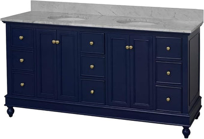 Bella 72-inch Double Bathroom Vanity (Carrara/Royal Blue): Includes Royal Blue Cabinet with Authentic Italian Carrara Marble Countertop and White Ceramic Sinks