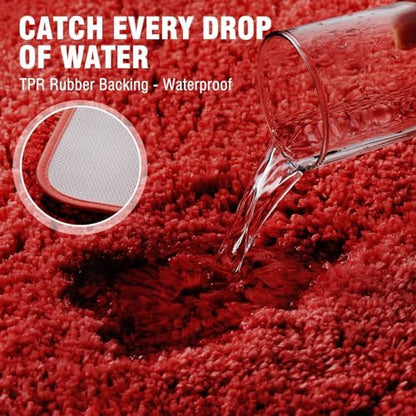 TECHMILLY Super Soft Shaggy Bathroom Runner Rugs, Absorbent Thick Non Slip Microfiber Bath Rugs, Quick Dry Machine Washable Bath Mat for Bathroom Floor, Bathtub and Shower 17"x47" Red