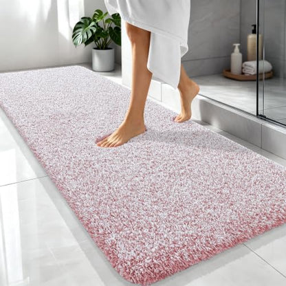 OLANLY Microfiber Bathroom Rugs 70x24, Quick Dry Mat, Deep Rose and White