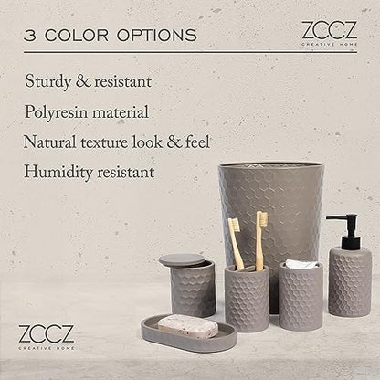 zccz 6 Piece Bathroom Accessories Set, Toothbrush Holder, Toothbrush Cup, Soap Dispenser,Bathroom Vanity Tray, Qtip Holder, Trash Can - Cement