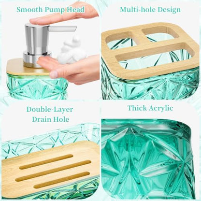 Bathroom Accessories Set, 7 Pcs Teal Bathroom Set, Acrylic Soap Dispenser and Toothbrush Holder Set, Qtip Holder Set, Bathroom Sink Set, Gift for Home Apartment