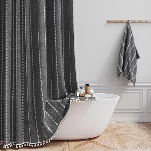 BTTN Charcoal Grey Boho Farmhouse Linen Heavy Duty Shower Curtain, 72x72