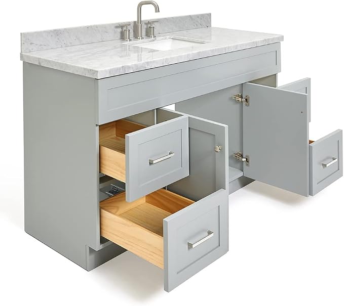 Bradford 60 Inch Bathroom Vanity Single Sink — Grey Bathroom Vanity with Sink, 1.5" Edge Italian Carrara Marble Countertop, Solid Wood, 2 Soft-Close Doors, 4 Dovetail Drawers