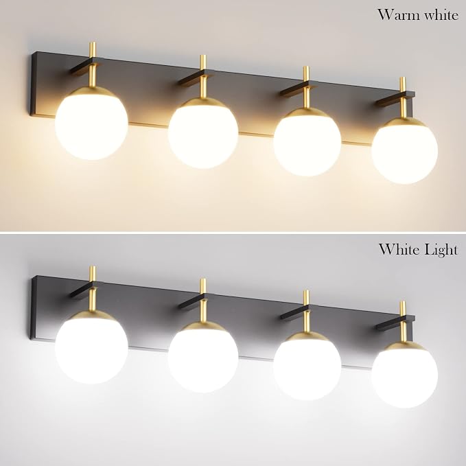Ralbay Mid Century Modern Vanity Lights - 4-Light Milky Glass Globe Modern Bathroom Vanity Lights Over Mirror, Black/Golden Bathroom Wall Light Fixture