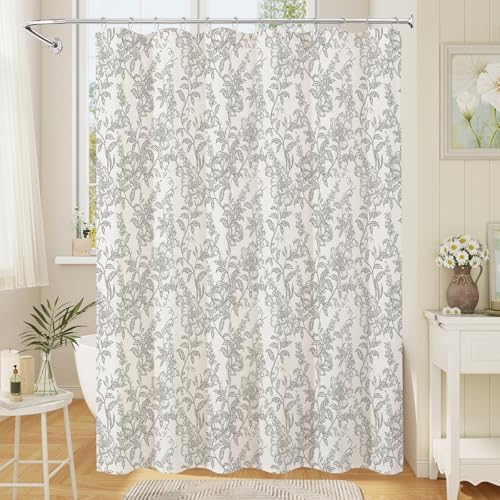 Grey Boho Linen Fabric Shower Curtain , Farmhouse Floral For Bathroom
