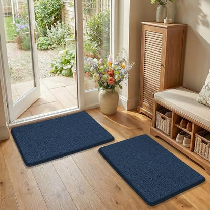 Bcoimo Bath Rug Mat Set, 2 Piece Thick Absorbent Chenille Bathroom Mat Navy