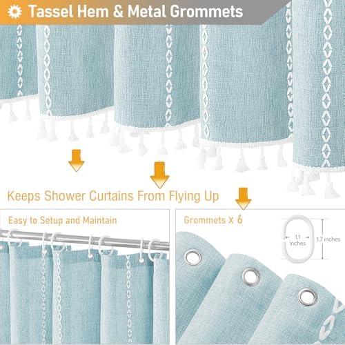 BTTN Small Boho Linen Heavy Duty Cloth Shower Curtain Set, 36x72, Fog Blue