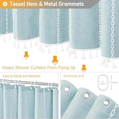 BTTN Small Boho Linen Heavy Duty Cloth Shower Curtain Set, 36x72, Fog Blue