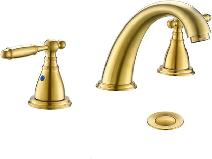 Widespread Brushed Gold 8 Inch 3 Hole 2-Handle Bathroom Faucet with Metal Pop-Up Drain Assembly, Low Arc Bathroom Sink Faucet, WF008-4-BG