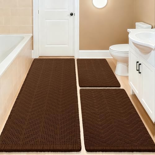 Waffle Bath Mat Set 3 Piece, Boho Woven Modern Bath Rug Absorbent Non Slip, Soft Bathroom Mats, Machine Washable Knit Bath Rugs with Herringbones for Bathroom, Bedroom, Kitchen, Shower, Tub, Brown