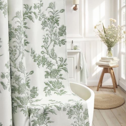 Sage Green Floral Shower Curtain,Jacquard Weave Vintage Cotton Cottagecore Shower Curtains for Bathroom, 72" W x 72" L